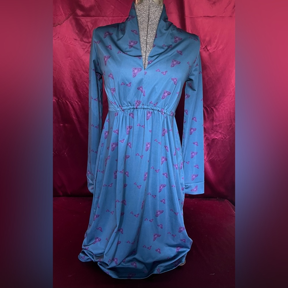 Vera Fishbaugh Teal Polyester Dress with Purple Moth Print